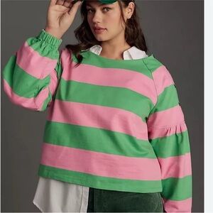 Anthropologie Pink and Green Striped Puff-Sleeve Sweatshirt-2x